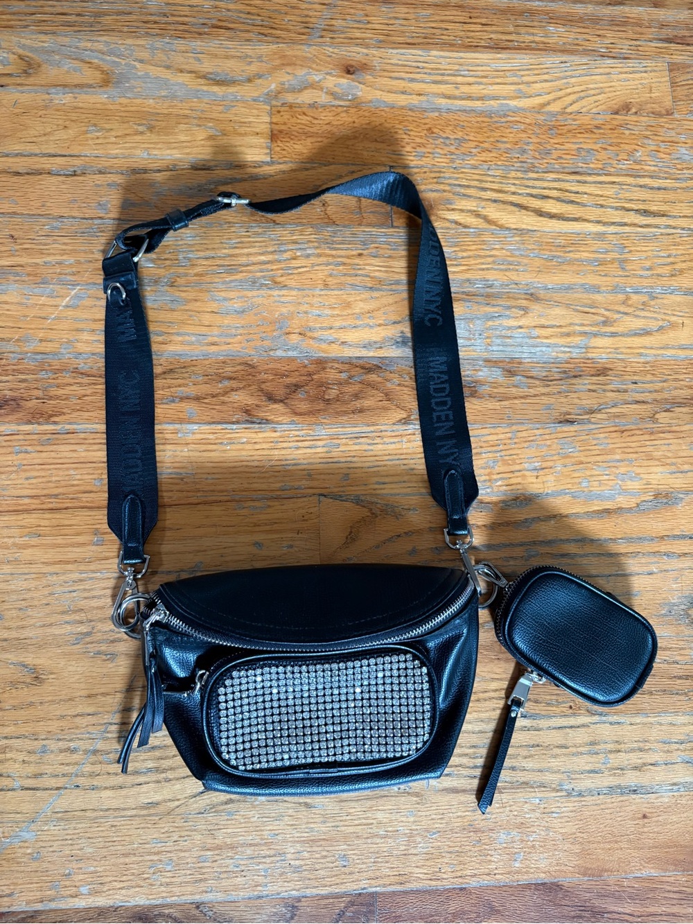 Madden NYC Black Crossbody Belt Bag Fanny Pack with Rhinestone Front Crystals